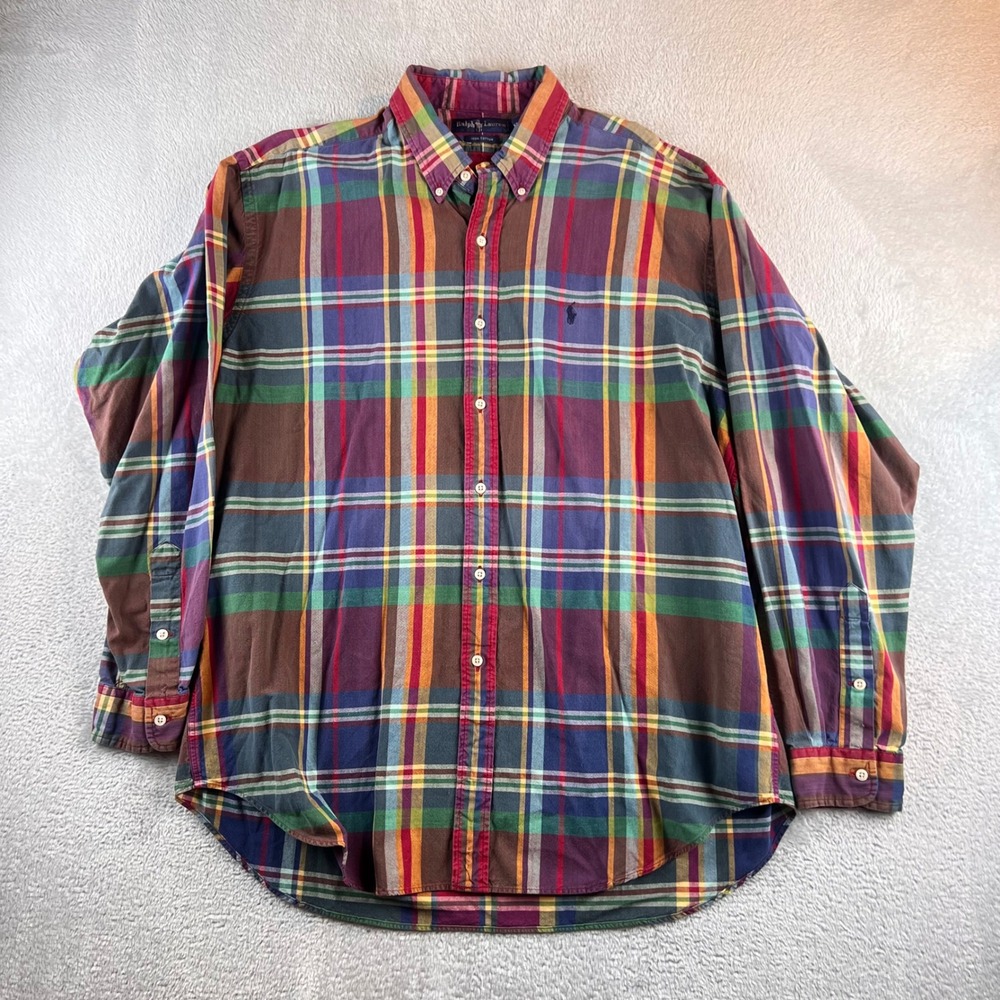 Ralph Lauren Mens XL Plaid Button Down Shirt Multi Color Cotton Long Sleeve